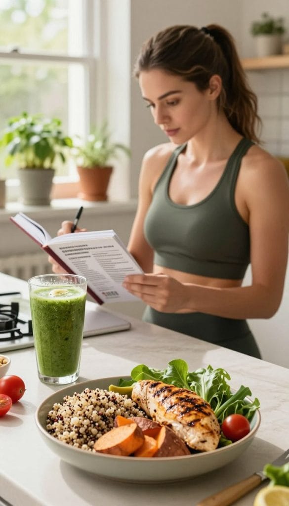 A vibrant, well-organized kitchen counter filled with nourishing foods ideal for leg day nutrition. In the foreground, showcase a bowl of mixed quinoa, roasted sweet potatoes, and grilled chicken, artistically arranged with fresh greens and cherry tomatoes. To the side, a tall glass filled with a bright smoothie made from spinach, banana, and protein powder. In the middle, a woman dressed in modest athletic wear, thoughtfully examining a nutrition guide while taking notes, her expression focused and inspired. The background features a sunlit window with herbs growing in pots, casting warm, natural light across the scene, creating an atmosphere of health and vitality. The image conveys a sense of preparation and dedication to muscle recovery and gains.