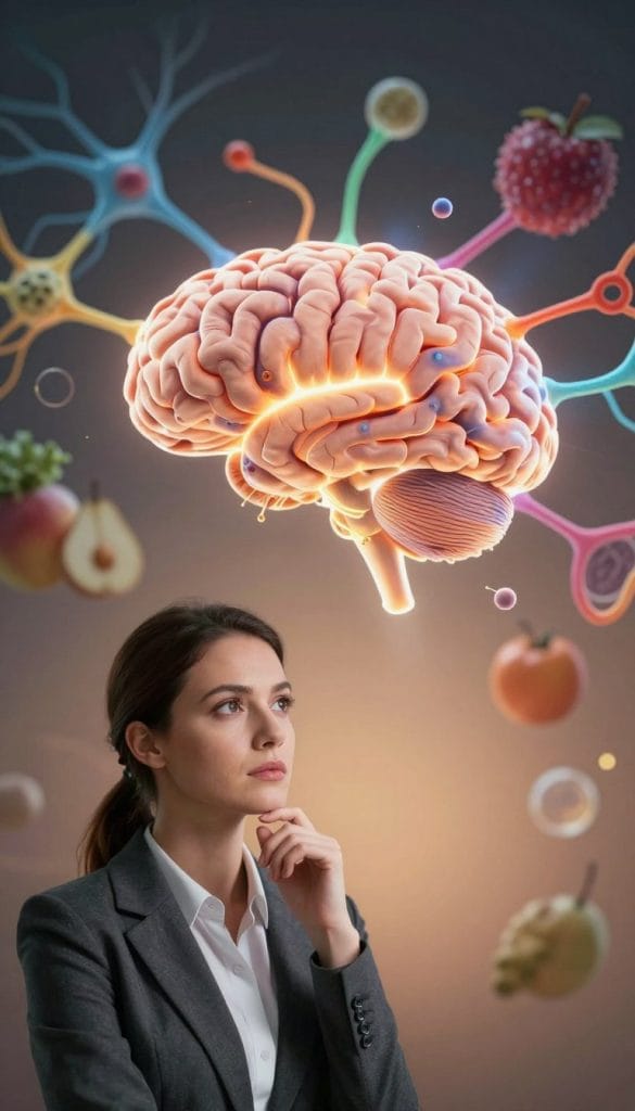 A visually striking illustration depicting the relationship between brain chemistry and appetite. In the foreground, a thoughtful woman in professional attire, gazing intently at a glowing brain, symbolizing mental activity and emotional influence on appetite. The middle layer features vibrant, interconnected neurons and colorful synapses, representing the dynamic processes of brain chemistry. In the background, abstract representations of food, such as fruits and vegetables, subtly blend with swirls of thought and emotions, suggesting the link between mental states and cravings. The lighting is warm and inviting, casting a soft glow on the brain and the woman’s face, creating an atmosphere of introspection and curiosity. The composition is balanced and harmonious, emphasizing the scientific yet emotional exploration of appetite and the mind.