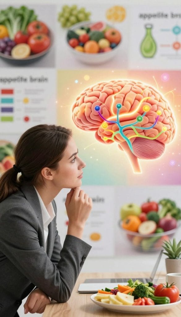 A visually striking representation of an "appetite brain," showcasing a female figure thoughtfully examining brain imagery against a vibrant backdrop. In the foreground, the woman, dressed in professional attire, leans in with curiosity as colorful neural pathways intertwine with symbols of food – think fruits, vegetables, and a balanced meal. The middle layer presents a detailed brain illustration glowing with warm, inviting hues, representing the regulation of appetite and satiety. In the background, blurred images of healthy dishes and nutrition charts evoke an atmosphere of inspiration and knowledge. Soft, natural lighting bathes the scene, enhancing the sense of discovery and motivation, captured from a slightly elevated angle to encompass both the subject and the rich details of the surrounding elements.