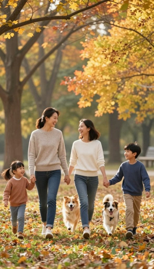 A warm and inviting scene of a woman walking with her family in a vibrant park during autumn. In the foreground, a smiling woman in comfortable yet modest casual clothing walks hand-in-hand with her cheerful children, all enjoying the fresh air. The middle ground features a playful dog running alongside them, adding a lively element to the family stroll. The background showcases colorful autumn leaves, with tall trees and softly glowing sunlight filtering through the branches, creating a serene and uplifting atmosphere. The focus is on the joyful interactions among family members, capturing the essence of togetherness and support in achieving health goals. The scene is well-lit, with a gentle depth of field that subtly blurs the background, emphasizing the family connection.