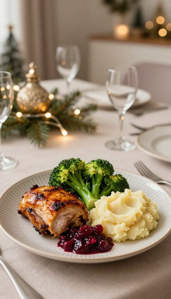 A well-arranged portion plate sits prominently in the foreground, showcasing a balanced meal with vibrant colors: a small serving of roasted turkey, a heap of bright green steamed broccoli, a sprinkle of cranberry sauce, and a measured portion of fluffy mashed potatoes. The plate exhibits a modern design with subtle patterns, emphasizing a healthy dining approach. In the middle ground, a gently lit dining table is set with festive decorations, incorporating elegant touches like twinkling fairy lights and seasonal centerpieces. Soft, warm lighting bathes the scene to create an inviting atmosphere, evoking feelings of celebration without excess. The angle captures the plate slightly from above, providing a clear view of the portions. In the background, out-of-focus holiday decor hints at a cheerful gathering, enhancing the mood of mindful eating amidst festive cheer.