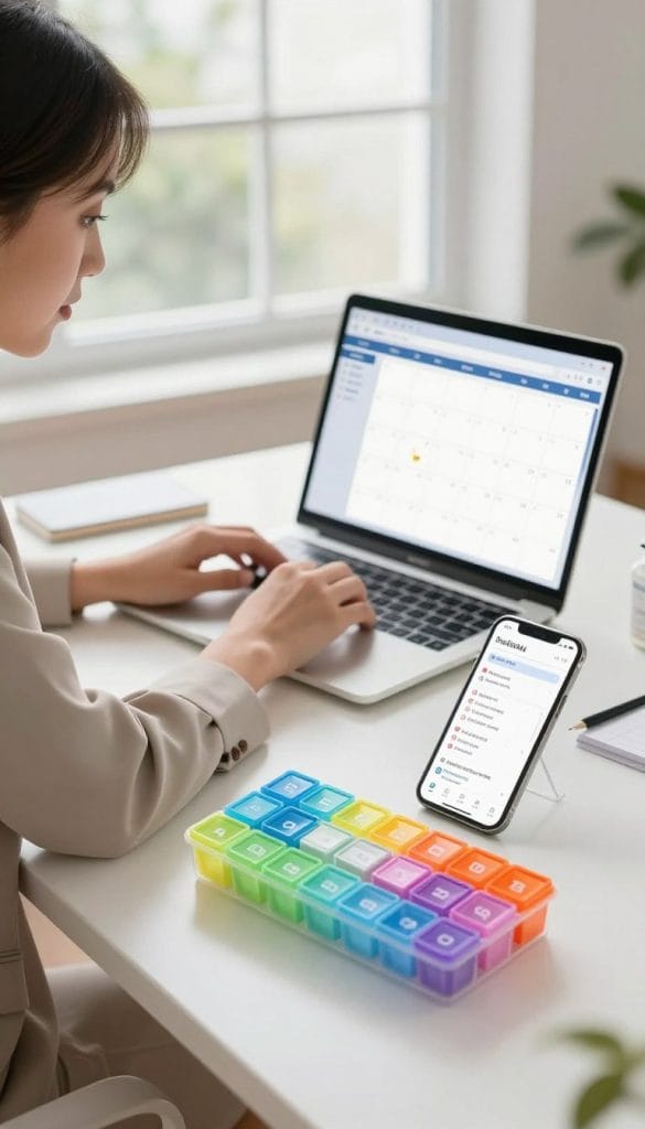 A well-lit, modern workspace featuring a woman in professional business attire, focused and organized, sitting at a desk. In the foreground, a colorful medication organizer with clearly labeled compartments for each day of the week. A smartphone apps screen showing a digital dosing schedule is prominently displayed. In the middle ground, an open laptop with an online calendar highlighting travel dates and reminders about medication times. In the background, a window revealing a bright, inviting outdoor scene, suggesting travel. The atmosphere is calm and productive, emphasizing the importance of staying on track with a dosing schedule while away. Soft, natural lighting enhances the professional yet approachable setting.