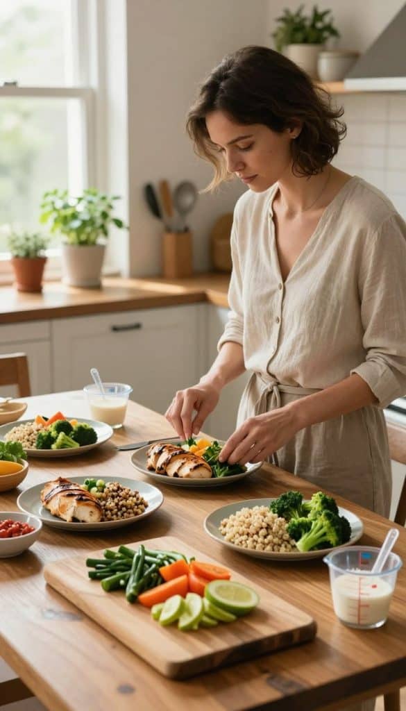 A well-organized kitchen scene featuring a woman in modest casual clothing, thoughtfully preparing smaller portions of nutritious meals. In the foreground, a wooden cutting board displays colorful, chopped vegetables, alongside measuring cups for precision. The middle ground showcases a dining table set with several small plates, each containing a balanced portion of healthy foods such as grilled chicken, quinoa, and steamed broccoli. Soft, natural light streams through a nearby window, illuminating the warm tones of the space. The background features a tidy kitchen with herbs in pots and cooking utensils neatly arranged, creating an inviting and health-conscious atmosphere. The overall mood conveys a sense of calm and intentionality, emphasizing the importance of mindful eating.