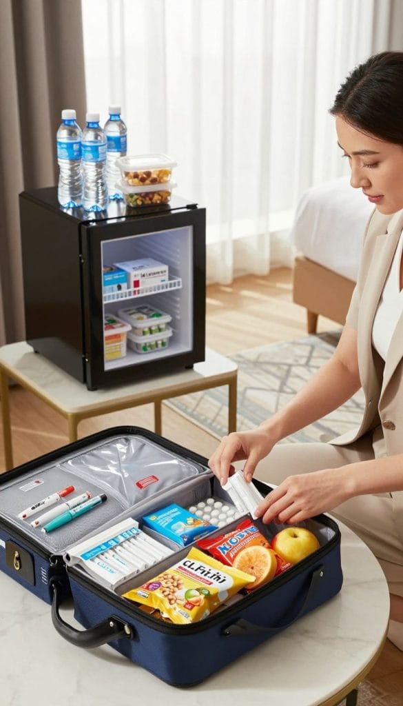 A well-organized travel scene focusing on essential storage tips for GLP-1 medication. In the foreground, a neatly packed travel bag, with compartments displaying pre-filled insulin pens, cooling packs, and an insulated pouch. A woman is shown in professional attire, carefully arranging her meds and healthy snacks like nuts and fruit in the bag. In the middle, a clean, modern hotel room setting with a small table featuring a mini-fridge, where additional supplies like water bottles and meal containers are stored. The background captures a bright, airy atmosphere with soft natural lighting filtering through sheer curtains, creating a calm and focused mood perfect for traveling healthily. The angle is slightly elevated, showcasing the organized items clearly.