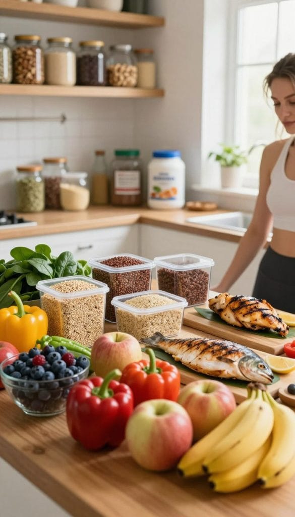 A woman in a kitchen, showcasing a vibrant spread of nutritious foods. Foreground features colorful fruits (berries, bananas, apples) and fresh vegetables (spinach, bell peppers) on a wooden countertop. The middle ground includes containers of healthy grains like quinoa and brown rice, alongside lean proteins such as grilled chicken and fish, all artfully arranged. In the background, a well-stocked pantry displays jars of nuts, seeds, and protein powders, with soft natural light streaming through a window, creating a warm, inviting atmosphere. A subtle, blurred view of a workout space can be seen, hinting at an athletic lifestyle. The mood conveys a sense of wellness and vitality, emphasizing the importance of nutrition in achieving fitness goals.