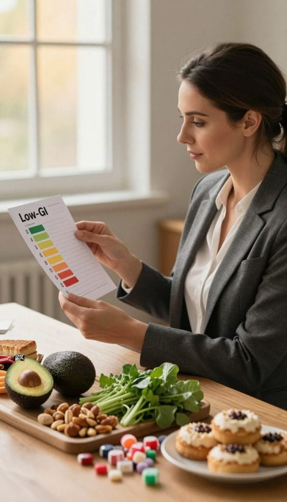A woman in a professional setting, wearing smart casual attire, examines a color-coded chart displaying various foods and their glycemic index levels. The foreground features a neatly arranged table with low-GI foods such as avocados, nuts, and leafy greens, while sugary snacks like candies and pastries are positioned in a shadowy corner. The middle ground focuses on the woman thoughtfully analyzing the chart, emphasizing her engaged expression. In the background, there's a window letting in warm, natural light that creates a calm, balanced atmosphere. Use a high-quality lens to capture subtle details, ensuring a clear focus on the woman and the food items, conveying a sense of informed decision-making regarding blood sugar management.