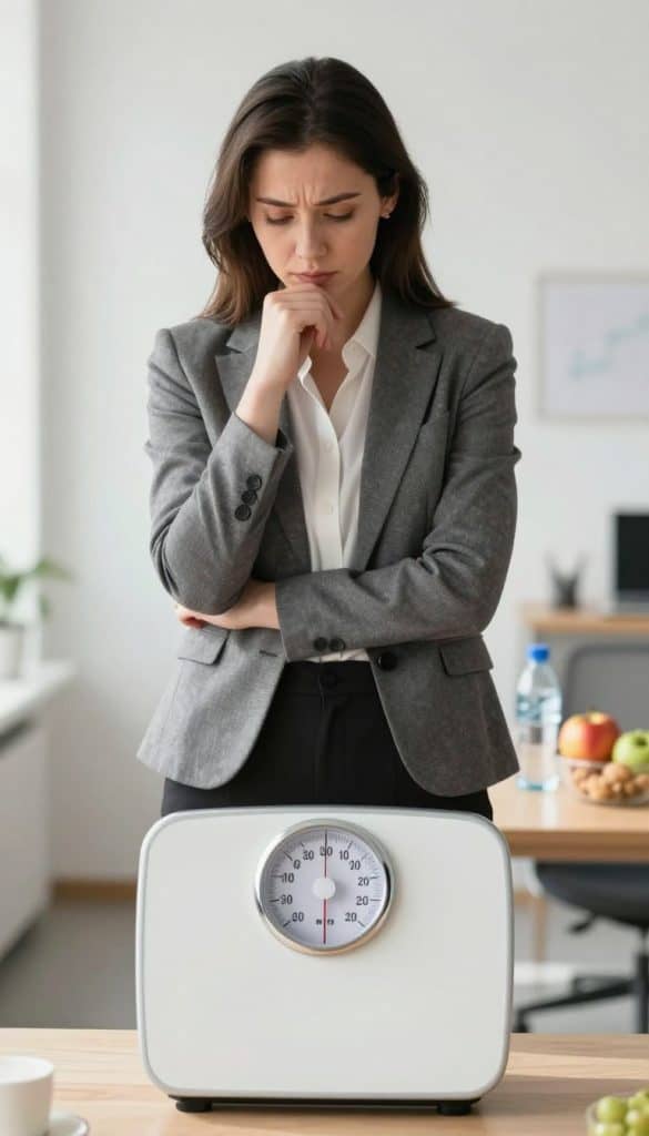 A woman in her early 30s, dressed in professional business attire, stands with a contemplative expression, looking at a scale that displays a number higher than expected. In the foreground, the scale is sharply focused, emphasizing the theme of weight regain. The middle ground features a small table with health-related items such as a water bottle and healthy snacks, symbolizing the ongoing struggle with weight management. The background is softly blurred, depicting a bright and airy office space, suggesting a balance of professionalism and personal challenges. Soft, natural lighting illuminates the scene, casting gentle shadows and enhancing the overall atmosphere of introspection and concern about health risks when coming off GLP-1 treatments.