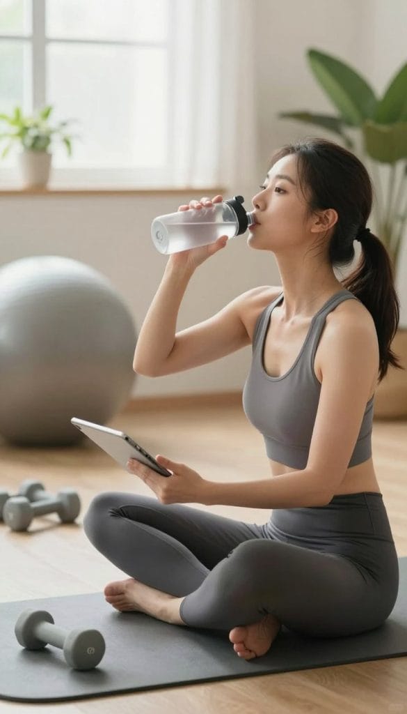A woman in her late 30s, dressed in professional athletic gear, is seen sitting on a yoga mat in a serene, softly lit environment. In the foreground, she holds a tablet, analyzing her workout data while sipping from a reusable water bottle. The middle ground features a yoga ball and light dumbbells, symbolizing energy management and recovery. The background showcases a tranquil indoor space with plants and gentle natural light filtering through a window, creating an uplifting and calming atmosphere. The image conveys a sense of focus and determination, encapsulating the theme of managing energy fluctuations and fatigue after workouts. The overall mood is one of empowerment and balance, promoting a healthy lifestyle.