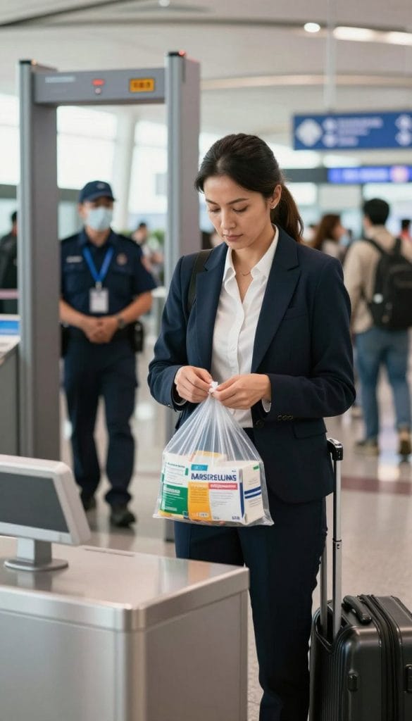 A woman in modest business attire stands at an airport security checkpoint, holding a clear plastic bag containing her medications and health-related supplies. She appears focused and composed, with a rolling suitcase beside her. In the foreground, the brightly lit security area captures her meticulous organization, while in the middle ground, a metal detector and security staff create a sense of urgency. The background features blurred travelers and airport signage, emphasizing the bustling environment. Warm, natural lighting illuminates her face, conveying determination and confidence amidst potential travel challenges. The overall mood is one of preparation and resilience, reflecting the importance of managing health routines while traveling.