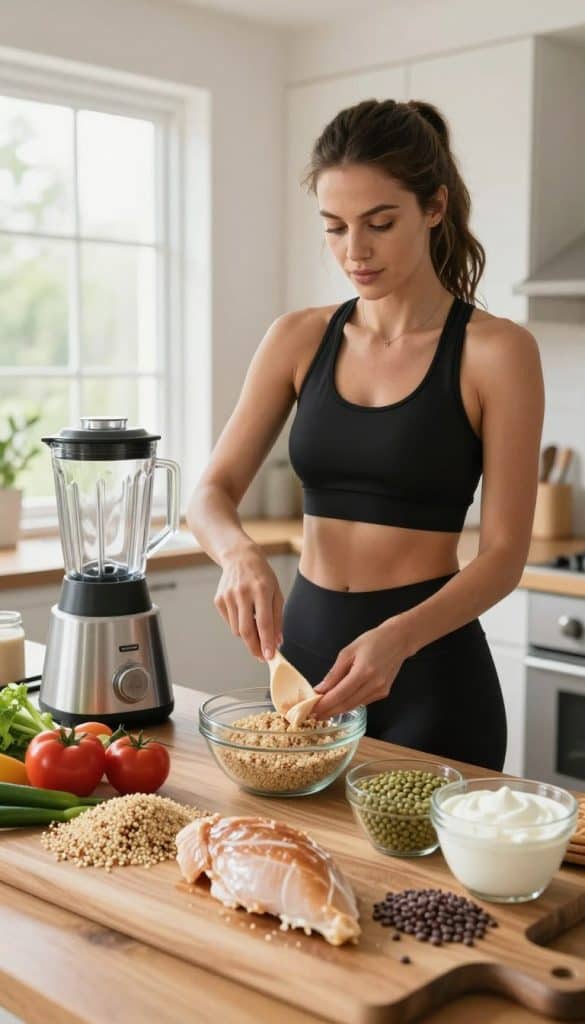 A woman in professional athleisure attire stands confidently in a bright, airy kitchen, surrounded by an array of healthy protein sources. In the foreground, a vibrant mix of chicken breast, quinoa, lentils, and Greek yogurt is artistically arranged on a wooden cutting board. The middle ground features a sleek blender and fresh vegetables, indicating meal prep for muscle recovery. In the background, natural light floods the space from large windows, illuminating the scene and creating a warm, inviting atmosphere. The woman is thoughtfully measuring ingredients, embodying a focused, determined expression. Capture this scene with a slightly elevated angle for a dynamic view, ensuring the overall mood conveys empowerment and dedication to healthy nutrition.