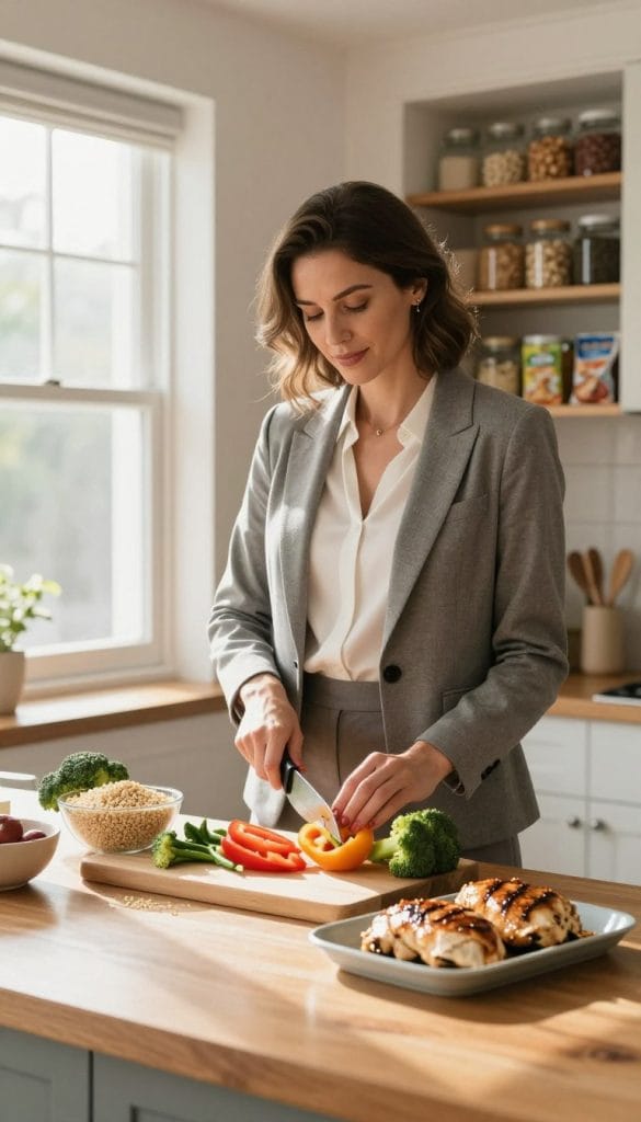 A woman in professional business attire, standing confidently in a well-lit kitchen, is preparing a healthy, protein-rich meal as part of her strategic planning before attending a social event while on medication. She is chopping colorful vegetables, such as bell peppers and broccoli, beside a bowl of quinoa and a tray of grilled chicken, all elegantly arranged on a polished wood countertop. Natural light streams in from a large window, casting soft shadows that enhance the atmosphere of a serene, focused cooking space. In the background, a neatly organized pantry can be seen, filled with jars of nuts, seeds, and healthy snacks. The image conveys a sense of empowerment and mindfulness, symbolizing the thoughtful preparation involved in managing health at social gatherings.