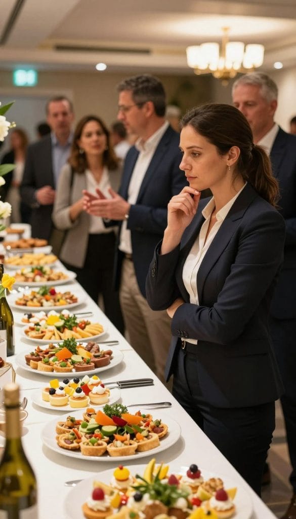 A woman in professional business attire stands at a buffet table during a lively social event, looking thoughtfully at an array of tantalizing dishes. The foreground features an elegant display of various foods, including savory appetizers and desserts, with colorful garnishes to enhance visual appeal. In the middle ground, groups of well-dressed guests engage in animated conversations, some gesturing towards the food, highlighting the social pressure surrounding meal choices. The background captures a warmly lit event space, adorned with soft lighting and tasteful decorations, creating an inviting atmosphere. The mood should reflect a blend of celebration and introspection, emphasizing the challenge of meal management in social settings. The angle is slightly above eye level, offering a clear view of both the food spread and the interacting guests.