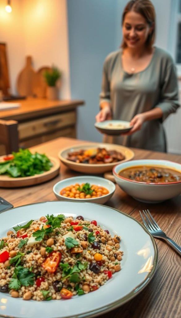 A beautifully arranged dinner table showcasing an array of satisfying, healthy dinner recipes suitable for a Daniel fast. In the foreground, a vibrant plate of quinoa salad is garnished with fresh herbs and colorful vegetables. Next to it, a steaming bowl of lentil soup elegantly displayed. In the middle, there is a wooden platter filled with roasted chickpeas and assorted grilled vegetables. The background features a softly lit kitchen setting with warm, ambient lighting that creates a cozy atmosphere, highlighting the rustic wooden table. A woman, dressed in modest casual clothing, is seen preparing a dish, with a serene smile, reflecting the joy of healthy cooking. The image conveys a sense of comfort and satisfaction, perfect for an evening meal. A beautifully arranged dinner table showcasing an array of satisfying, healthy dinner recipes suitable for a Daniel fast. In the foreground, a vibrant plate of quinoa salad is garnished with fresh herbs and colorful vegetables. Next to it, a steaming bowl of lentil soup elegantly displayed. In the middle, there is a wooden platter filled with roasted chickpeas and assorted grilled vegetables. The background features a softly lit kitchen setting with warm, ambient lighting that creates a cozy atmosphere, highlighting the rustic wooden table. A woman, dressed in modest casual clothing, is seen preparing a dish, with a serene smile, reflecting the joy of healthy cooking. The image conveys a sense of comfort and satisfaction, perfect for an evening meal.