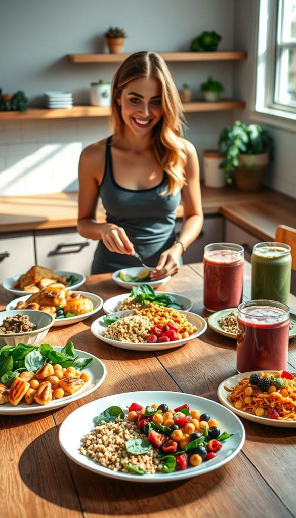 A beautifully arranged seven-day high-protein menu displayed on a wooden table, featuring colorful plates of various dishes such as grilled chicken, quinoa salad, chickpea stir-fry, and protein smoothies. In the foreground, a smiling woman in a fitted casual outfit is preparing a meal, showcasing healthy ingredients like spinach, nuts, and berries. The middle ground highlights the menu items, artistically plated and garnished, with vibrant colors and textures. The background reveals a cozy kitchen environment with natural light streaming through a window, creating a warm and inviting atmosphere. Soft shadows and highlights emphasize the freshness of the food, capturing an inspiring and motivating vibe for health-conscious individuals. A beautifully arranged seven-day high-protein menu displayed on a wooden table, featuring colorful plates of various dishes such as grilled chicken, quinoa salad, chickpea stir-fry, and protein smoothies. In the foreground, a smiling woman in a fitted casual outfit is preparing a meal, showcasing healthy ingredients like spinach, nuts, and berries. The middle ground highlights the menu items, artistically plated and garnished, with vibrant colors and textures. The background reveals a cozy kitchen environment with natural light streaming through a window, creating a warm and inviting atmosphere. Soft shadows and highlights emphasize the freshness of the food, capturing an inspiring and motivating vibe for health-conscious individuals.