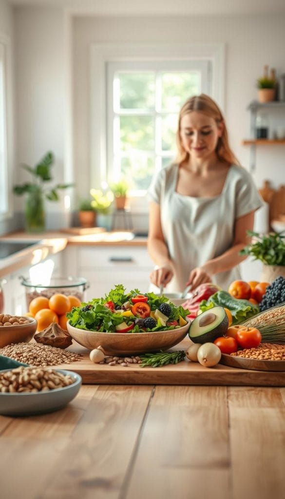A bright, inviting kitchen scene illustrating "fiber gut health." In the foreground, a woman in a modest, casual outfit is preparing a colorful salad filled with leafy greens, avocados, and vibrant vegetables, symbolizing the richness of fiber. The middle ground features a wooden table adorned with various fiber-rich foods like whole grains, nuts, and fruits, arranged beautifully. The background reveals sunlight streaming through a window, casting a warm glow that enhances the fresh ingredients. The overall atmosphere is wholesome and vibrant, emphasizing health and wellness, with a soft focus effect to create a calming mood. The image should evoke a sense of nourishment and vitality, free from any text or overlays. A bright, inviting kitchen scene illustrating "fiber gut health." In the foreground, a woman in a modest, casual outfit is preparing a colorful salad filled with leafy greens, avocados, and vibrant vegetables, symbolizing the richness of fiber. The middle ground features a wooden table adorned with various fiber-rich foods like whole grains, nuts, and fruits, arranged beautifully. The background reveals sunlight streaming through a window, casting a warm glow that enhances the fresh ingredients. The overall atmosphere is wholesome and vibrant, emphasizing health and wellness, with a soft focus effect to create a calming mood. The image should evoke a sense of nourishment and vitality, free from any text or overlays.