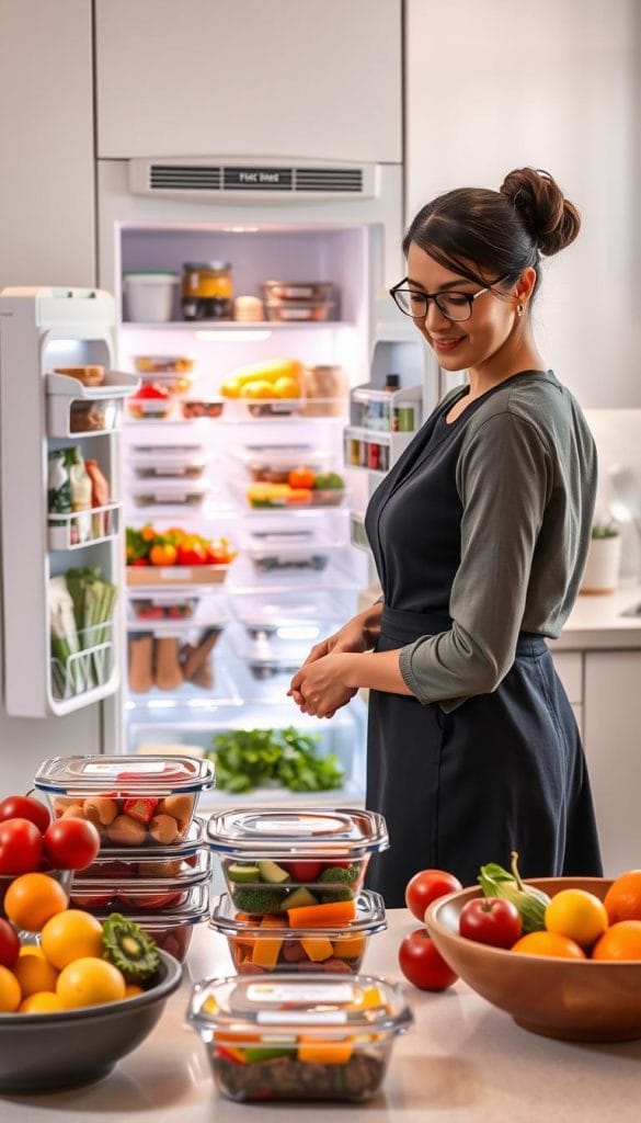 A bright, modern kitchen scene showcasing food storage safety practices. In the foreground, a woman in a professional, modest outfit is organizing various food items in clear, labeled containers, with fresh fruits and vegetables prominently displayed. The middle ground features an open refrigerator filled with neatly arranged, healthy meal prep containers, ensuring visibility of the contents. In the background, a clean countertop is adorned with a bowl of colorful produce and essential kitchen utensils. The lighting is warm and inviting, enhancing the vibrant colors of the food, creating a sense of freshness and security. The overall atmosphere is tidy, organized, and educational, perfectly illustrating best practices in food storage and safety.