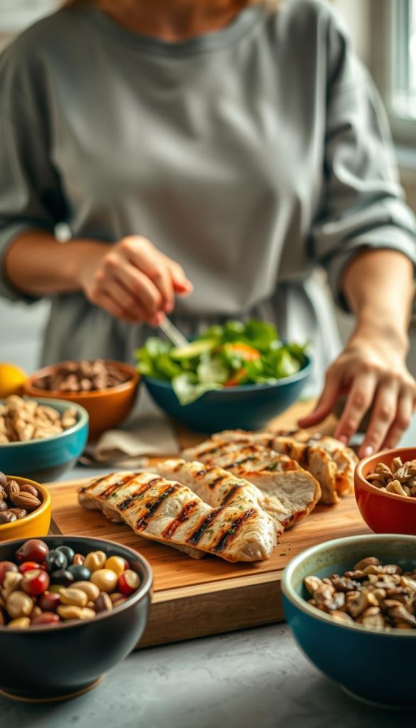 A close-up of a healthy meal preparation scene focused on high-protein foods. In the foreground, a woman in modest casual clothing is skillfully arranging grilled chicken breast slices on a wooden cutting board. Surrounding her are colorful bowls filled with legumes, nuts, and seeds, showcasing a variety of proteins. In the middle ground, a vibrant salad with leafy greens and avocado adds contrast, while in the background, soft natural light filters through a kitchen window, creating a warm, inviting atmosphere. The scene should evoke a sense of motivation and simplicity, capturing the essence of healthy eating with a focus on protein and fat as foundational elements of a well-balanced meal. The composition is warm and inviting, emphasizing freshness and health.