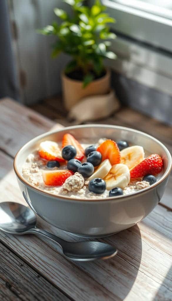 A close-up view of a steaming bowl of creamy oatmeal topped with various colorful fruits, such as ripe bananas, blueberries, and strawberries, emphasizing its high soluble fiber content. The bowl is placed on a wooden table with a rustic texture, with a silver spoon resting beside it. Soft morning light filters through a nearby window, casting gentle shadows and highlighting the creamy texture of the oatmeal. In the background, a small potted plant adds a touch of greenery, contributing to a warm and inviting atmosphere. The overall mood is wholesome and health-focused, perfect for a low cholesterol diet. The scene should be vibrant but serene, without any distractions. A close-up view of a steaming bowl of creamy oatmeal topped with various colorful fruits, such as ripe bananas, blueberries, and strawberries, emphasizing its high soluble fiber content. The bowl is placed on a wooden table with a rustic texture, with a silver spoon resting beside it. Soft morning light filters through a nearby window, casting gentle shadows and highlighting the creamy texture of the oatmeal. In the background, a small potted plant adds a touch of greenery, contributing to a warm and inviting atmosphere. The overall mood is wholesome and health-focused, perfect for a low cholesterol diet. The scene should be vibrant but serene, without any distractions.