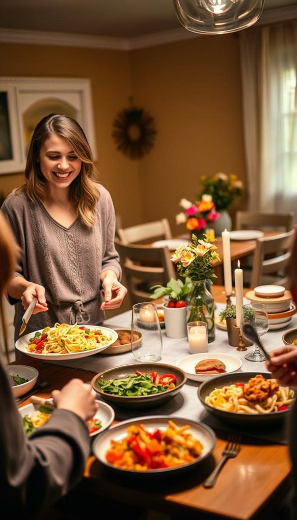 A cozy family dinner scene set in a warm, inviting kitchen during an evening gathering. In the foreground, a joyful woman is plating a colorful budget-friendly meal, including pasta, seasonal vegetables, and a simple salad, showcasing creativity with affordable ingredients. She wears a comfortable, modest casual outfit, reflecting a nurturing yet practical atmosphere. In the middle ground, a charming dining table is adorned with simple dishware, a vase of fresh flowers, and a few candles, setting an intimate mood for the occasion. The background reveals soft lighting from a window, accentuating the warmth of the home and the family-friendly vibe of the dinner. The overall atmosphere is filled with joy and togetherness, ideal for celebrating special occasions on a budget.