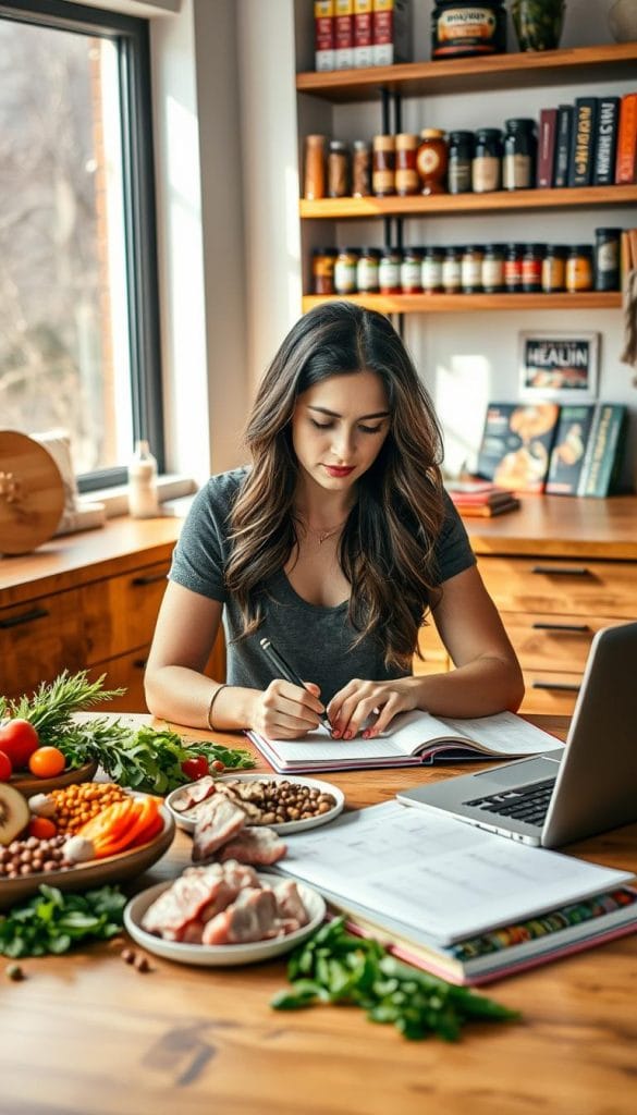 A focused woman in a well-lit, modern kitchen, engaged in designing her high-protein meal plan. She is seated at a wooden dining table covered with colorful ingredients like lean meats, legumes, and fresh vegetables, surrounded by nutrition books and a laptop displaying charts. In the background, shelves filled with spices and healthy cookbooks create an inviting atmosphere. The light from a large window casts a warm glow, highlighting her determined expression as she writes notes on a notepad. The scene conveys a sense of empowerment and organization, showcasing the art of meal planning for lean muscle and weight loss. A focused woman in a well-lit, modern kitchen, engaged in designing her high-protein meal plan. She is seated at a wooden dining table covered with colorful ingredients like lean meats, legumes, and fresh vegetables, surrounded by nutrition books and a laptop displaying charts. In the background, shelves filled with spices and healthy cookbooks create an inviting atmosphere. The light from a large window casts a warm glow, highlighting her determined expression as she writes notes on a notepad. The scene conveys a sense of empowerment and organization, showcasing the art of meal planning for lean muscle and weight loss.