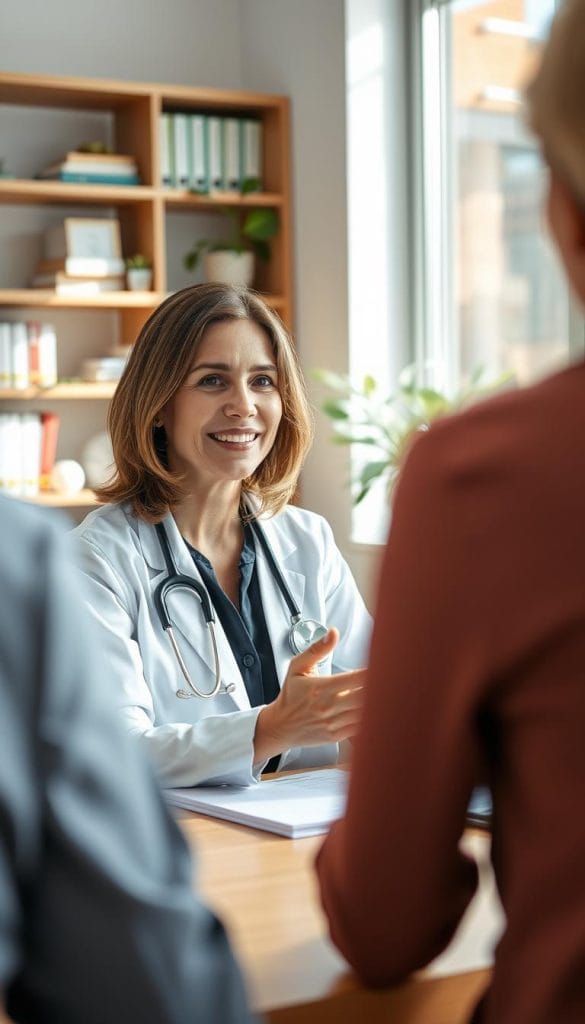 A healthcare provider in a bright, modern clinic setting, showing a middle-aged woman with medium-length hair, wearing professional business attire, sitting at a sleek wooden desk. She is attentively discussing a meal plan with a patient, who is out of frame. The background features shelves filled with health-related books and a potted plant, adding warmth to the space. Soft, natural lighting streams through a large window, creating an inviting atmosphere. The focus is on the healthcare provider's engaged expression and welcoming demeanor, accentuated by a slight depth of field to subtly blur the background. The composition should feel professional yet approachable, highlighting collaboration in health management. A healthcare provider in a bright, modern clinic setting, showing a middle-aged woman with medium-length hair, wearing professional business attire, sitting at a sleek wooden desk. She is attentively discussing a meal plan with a patient, who is out of frame. The background features shelves filled with health-related books and a potted plant, adding warmth to the space. Soft, natural lighting streams through a large window, creating an inviting atmosphere. The focus is on the healthcare provider's engaged expression and welcoming demeanor, accentuated by a slight depth of field to subtly blur the background. The composition should feel professional yet approachable, highlighting collaboration in health management.