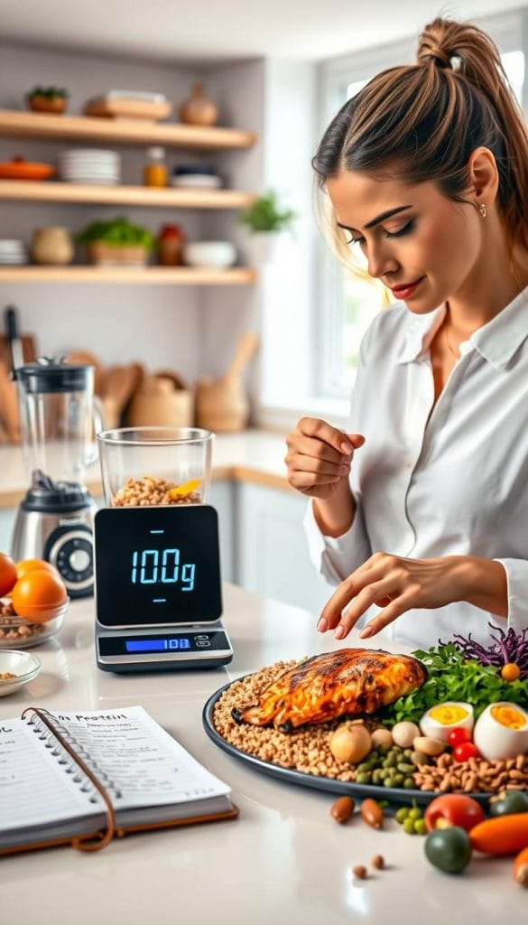 A professional woman in a bright, modern kitchen, carefully measuring out various high-protein foods on a sleek digital scale set to display "100g" prominently. The foreground showcases an array of protein-rich foods like grilled chicken, quinoa, eggs, and legumes artfully arranged on a well-lit countertop, with vibrant colors highlighting the freshness of the ingredients. In the middle ground, a nutritionist's notebook filled with notes on protein requirements sits next to the scale, and a stylish blender is partially visible. The background features softly blurred kitchen shelves lined with healthy ingredients and cooking tools, bathed in warm, natural light from a nearby window for an inviting atmosphere. The angle captures both the scale and the woman’s focused expression, emphasizing her commitment to a high-protein meal plan. A professional woman in a bright, modern kitchen, carefully measuring out various high-protein foods on a sleek digital scale set to display "100g" prominently. The foreground showcases an array of protein-rich foods like grilled chicken, quinoa, eggs, and legumes artfully arranged on a well-lit countertop, with vibrant colors highlighting the freshness of the ingredients. In the middle ground, a nutritionist's notebook filled with notes on protein requirements sits next to the scale, and a stylish blender is partially visible. The background features softly blurred kitchen shelves lined with healthy ingredients and cooking tools, bathed in warm, natural light from a nearby window for an inviting atmosphere. The angle captures both the scale and the woman’s focused expression, emphasizing her commitment to a high-protein meal plan.