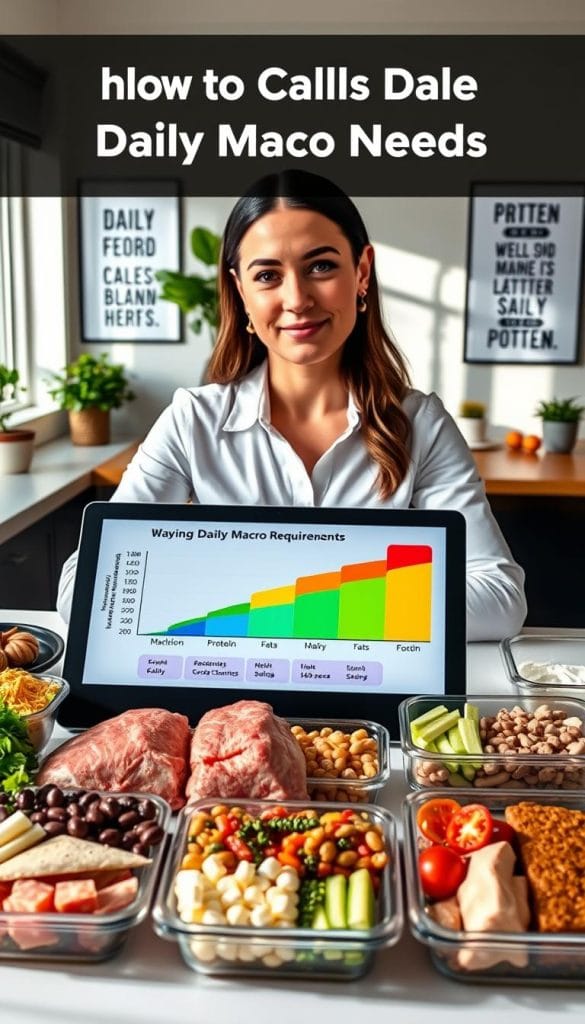 A professional woman with a focused expression sits at a modern desk, surrounded by a variety of healthy foods representing different protein sources, such as lean meats, legumes, and dairy products. In the foreground, a digital tablet displays a colorful graph illustrating daily macro requirements, with vibrant segments for protein, fats, and carbohydrates. The middle section shows a neatly organized meal prep setup, with clear containers filled with balanced portions of food. The background features a well-lit kitchen with greenery and motivational posters about health and nutrition. The atmosphere is bright and inviting, with natural light streaming in through a window, creating a sense of encouragement and clarity around the topic of calculating daily macro needs. A professional woman with a focused expression sits at a modern desk, surrounded by a variety of healthy foods representing different protein sources, such as lean meats, legumes, and dairy products. In the foreground, a digital tablet displays a colorful graph illustrating daily macro requirements, with vibrant segments for protein, fats, and carbohydrates. The middle section shows a neatly organized meal prep setup, with clear containers filled with balanced portions of food. The background features a well-lit kitchen with greenery and motivational posters about health and nutrition. The atmosphere is bright and inviting, with natural light streaming in through a window, creating a sense of encouragement and clarity around the topic of calculating daily macro needs.