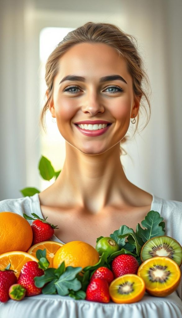 A radiant woman with glowing skin stands in the foreground, showcasing a vibrant, healthy appearance, embodying the essence of vitamin C-rich diets. She is wearing a light, modest, casual outfit, smiling gently. Surrounding her are fresh, colorful fruits like oranges, strawberries, and kiwis, artistically arranged to highlight their vibrant colors and textures. In the middle ground, leafy greens and vegetables hint at a balanced diet, enhancing the theme of nutrition for skin health. The background features soft, natural light filtering through a window, creating a warm, inviting atmosphere. The overall mood conveys freshness and vitality, emphasizing the connection between wholesome foods and collagen synthesis for luminous skin. The composition is shot from a slightly elevated angle, focusing on the woman’s face and the surrounding fruits, capturing the essence of a healthy skin diet.