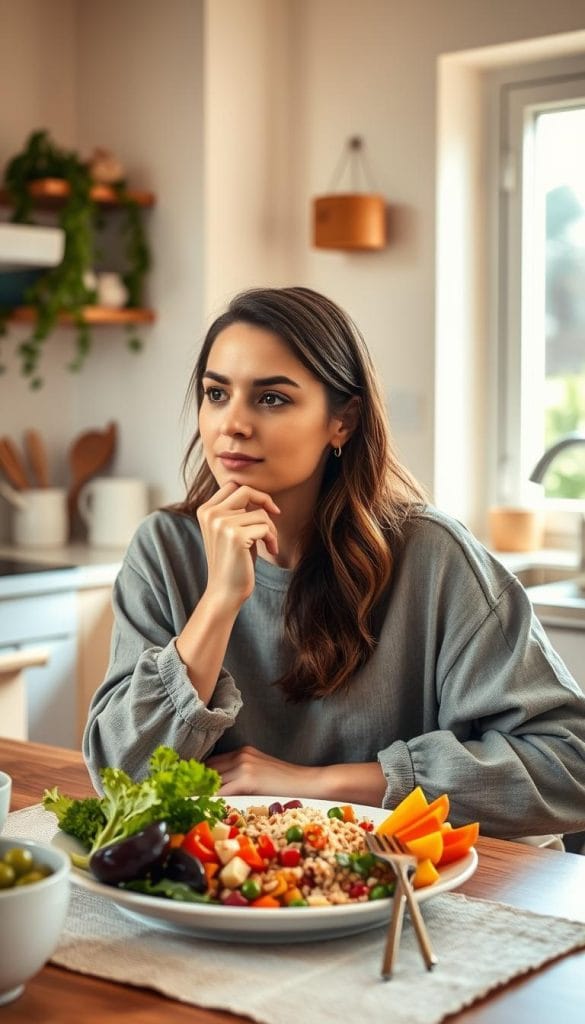 A serene kitchen setting bathed in warm, natural light, featuring a thoughtful woman in casual yet stylish attire, sitting at a dining table. She is mindfulness-focused, pausing to savor a colorful, balanced meal of whole foods like fresh vegetables, grains, and lean protein. Her hand gently rests on the plate, reflecting a sense of gratitude and intention. In the background, soft greenery and kitchen utensils create a homey atmosphere, enhancing the feeling of calm and mindfulness. The composition is intimate, shot from a slightly elevated angle, highlighting the meal's vibrant colors, while the woman's expression conveys contentment and awareness. The overall mood is peaceful, encouraging viewers to embrace mindful eating practices. A serene kitchen setting bathed in warm, natural light, featuring a thoughtful woman in casual yet stylish attire, sitting at a dining table. She is mindfulness-focused, pausing to savor a colorful, balanced meal of whole foods like fresh vegetables, grains, and lean protein. Her hand gently rests on the plate, reflecting a sense of gratitude and intention. In the background, soft greenery and kitchen utensils create a homey atmosphere, enhancing the feeling of calm and mindfulness. The composition is intimate, shot from a slightly elevated angle, highlighting the meal's vibrant colors, while the woman's expression conveys contentment and awareness. The overall mood is peaceful, encouraging viewers to embrace mindful eating practices.