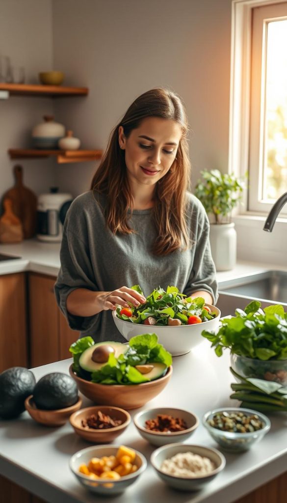 A serene kitchen setting in soft natural lighting, with a focus on healthy foods promoting digestion, such as avocados, ginger, and leafy greens. In the foreground, a woman in comfortable, modest clothing is preparing a colorful salad, her expression calm and focused, symbolizing a healthy lifestyle. The kitchen counter is adorned with small bowls of herbs and spices that support gut health. In the background, a window lets in warm sunlight, illuminating the fresh ingredients and creating a welcoming atmosphere. The overall mood is peaceful and encouraging, reminiscent of a nurturing home environment that emphasizes wholesome eating habits for better digestion. A serene kitchen setting in soft natural lighting, with a focus on healthy foods promoting digestion, such as avocados, ginger, and leafy greens. In the foreground, a woman in comfortable, modest clothing is preparing a colorful salad, her expression calm and focused, symbolizing a healthy lifestyle. The kitchen counter is adorned with small bowls of herbs and spices that support gut health. In the background, a window lets in warm sunlight, illuminating the fresh ingredients and creating a welcoming atmosphere. The overall mood is peaceful and encouraging, reminiscent of a nurturing home environment that emphasizes wholesome eating habits for better digestion.