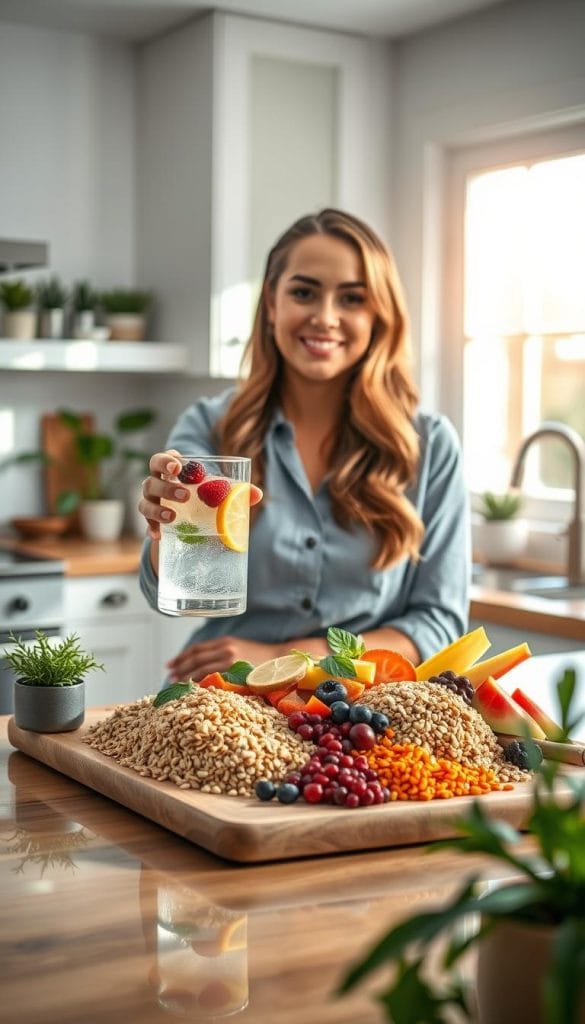 A serene kitchen setting showcasing hydration and fiber tips. In the foreground, a woman of diverse ethnicity, dressed in professional casual attire, is holding a clear glass filled with infused water, garnished with fresh fruits like lemon and berries, symbolizing hydration. Next to her, a beautifully arranged platter of fiber-rich foods, including whole grains, colorful veggies, and legumes, is artistically placed on a wooden surface. The background features soft natural lighting coming through a large window, enhancing a warm and inviting atmosphere. Gentle reflections on the countertop add depth, while plants in pots subtly frame the scene, promoting a health-focused ambiance. The overall mood conveys vitality and wellness, perfect for the subject at hand. A serene kitchen setting showcasing hydration and fiber tips. In the foreground, a woman of diverse ethnicity, dressed in professional casual attire, is holding a clear glass filled with infused water, garnished with fresh fruits like lemon and berries, symbolizing hydration. Next to her, a beautifully arranged platter of fiber-rich foods, including whole grains, colorful veggies, and legumes, is artistically placed on a wooden surface. The background features soft natural lighting coming through a large window, enhancing a warm and inviting atmosphere. Gentle reflections on the countertop add depth, while plants in pots subtly frame the scene, promoting a health-focused ambiance. The overall mood conveys vitality and wellness, perfect for the subject at hand.
