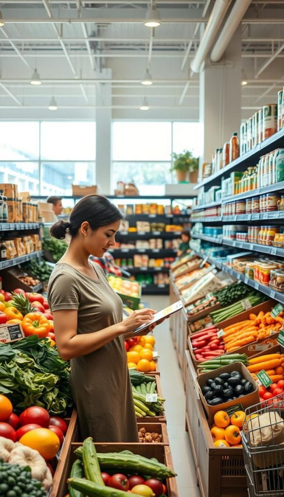A spacious, well-organized grocery store interior filled with fresh produce and a variety of food items. In the foreground, a woman in modest casual clothing is inspecting a colorful array of fruits and vegetables, holding a shopping list on her smartphone. In the middle ground, neatly stocked shelves display whole grains, canned goods, and dairy products, showcasing the variety of healthy options available. The background features bright, natural lighting from large windows, creating a warm, inviting atmosphere. The scene conveys a sense of calm efficiency, highlighting the simplicity and enjoyment of a streamlined grocery shopping routine. The camera angle is slightly elevated, capturing the bustling, organized environment while putting focus on the woman’s thoughtful approach to shopping. A spacious, well-organized grocery store interior filled with fresh produce and a variety of food items. In the foreground, a woman in modest casual clothing is inspecting a colorful array of fruits and vegetables, holding a shopping list on her smartphone. In the middle ground, neatly stocked shelves display whole grains, canned goods, and dairy products, showcasing the variety of healthy options available. The background features bright, natural lighting from large windows, creating a warm, inviting atmosphere. The scene conveys a sense of calm efficiency, highlighting the simplicity and enjoyment of a streamlined grocery shopping routine. The camera angle is slightly elevated, capturing the bustling, organized environment while putting focus on the woman’s thoughtful approach to shopping.