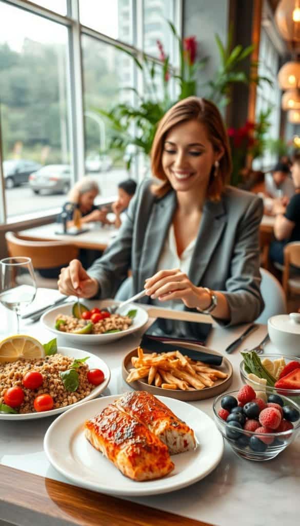 A stylish dining table set in a bright, modern restaurant with large windows allowing soft, natural light to illuminate the scene. In the foreground, a healthy and colorful assortment of heart-healthy dishes: a quinoa salad with cherry tomatoes and avocado, grilled salmon with a lemon wedge, steamed vegetables, and a bowl of mixed berries for dessert. A woman in smart casual attire, elegantly engaging with her meal, smiling contentedly while enjoying the dining experience. The background showcases a bustling atmosphere with other patrons enjoying their meals, vibrant plant decorations, and soft, warm lighting that creates an inviting ambiance. The image should convey a sense of health-conscious dining and enjoyment in a social setting, reflecting the balance of treating oneself while maintaining healthy eating habits.