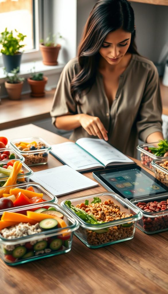 A stylish kitchen setting with a woman in modest casual clothing, focused on assembling healthy meal prep containers on a wooden countertop. In the foreground, vibrant fruits, vegetables, and whole grains are thoughtfully arranged within reusable glass containers, showcasing colorful and nutritious ingredients ideal for a GERD-friendly diet. In the middle, a sleek planner is open beside a digital tablet displaying meal planning apps, creating a sense of organization and purpose. The background features soft lighting coming from a window, with potted herbs on a windowsill, enhancing the atmosphere of freshness and wellness. The overall mood is calm and inspiring, perfect for illustrating effective meal planning principles. A stylish kitchen setting with a woman in modest casual clothing, focused on assembling healthy meal prep containers on a wooden countertop. In the foreground, vibrant fruits, vegetables, and whole grains are thoughtfully arranged within reusable glass containers, showcasing colorful and nutritious ingredients ideal for a GERD-friendly diet. In the middle, a sleek planner is open beside a digital tablet displaying meal planning apps, creating a sense of organization and purpose. The background features soft lighting coming from a window, with potted herbs on a windowsill, enhancing the atmosphere of freshness and wellness. The overall mood is calm and inspiring, perfect for illustrating effective meal planning principles.