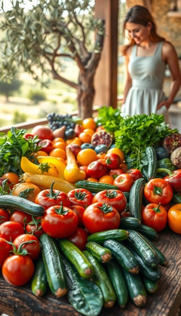 A vibrant display of fresh fruits and vegetables, arranged artistically on a rustic wooden table. In the foreground, there's a bright assortment of ripe tomatoes, crisp cucumbers, vibrant bell peppers, and assorted leafy greens, all glistening with morning dew. The middle ground features a selection of colorful fruits like oranges, pomegranates, and figs, each showcasing their natural textures and hues. In the background, a soft-focus view of an olive tree and sunny Mediterranean landscape, giving a sense of warmth and abundance. The scene is illuminated by soft, natural lighting, creating an inviting atmosphere. A woman in a simple, elegant dress stands nearby, enthusiastically examining the produce, embodying a healthy lifestyle. This composition conveys freshness, health, and the essence of Mediterranean cuisine.