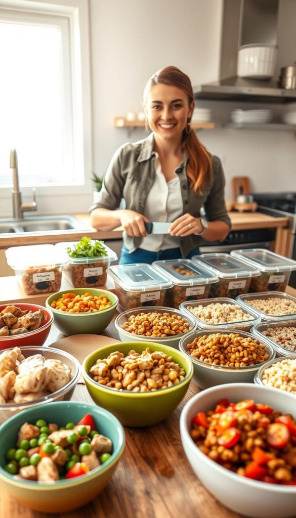 A well-organized kitchen scene featuring a woman in casual professional attire, preparing various proteins for batch cooking. In the foreground, colorful bowls filled with cooked chicken breasts, lentils, and quinoa are neatly arranged on a wooden countertop. The woman is smiling, chopping vegetables, with a cutting board and a sharp knife beside her. In the middle ground, there are neatly labeled containers ready for meal prep, offering an inviting and practical look. The background reveals an airy kitchen with bright natural light streaming through a window, enhancing the warm atmosphere. The overall mood is encouraging and optimistic, reflecting healthy meal preparation strategies. The image should be captured at eye level with a soft focus, emphasizing both the woman and the vibrant dishes. A well-organized kitchen scene featuring a woman in casual professional attire, preparing various proteins for batch cooking. In the foreground, colorful bowls filled with cooked chicken breasts, lentils, and quinoa are neatly arranged on a wooden countertop. The woman is smiling, chopping vegetables, with a cutting board and a sharp knife beside her. In the middle ground, there are neatly labeled containers ready for meal prep, offering an inviting and practical look. The background reveals an airy kitchen with bright natural light streaming through a window, enhancing the warm atmosphere. The overall mood is encouraging and optimistic, reflecting healthy meal preparation strategies. The image should be captured at eye level with a soft focus, emphasizing both the woman and the vibrant dishes.