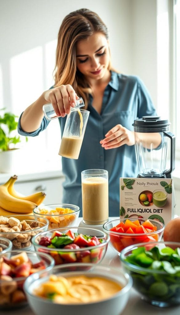 A woman in a bright, modern kitchen, carefully pouring a creamy smoothie into a stylish glass. The foreground features various bowls filled with colorful pureed fruits and vegetables, highlighting options like banana, avocado, and spinach. In the middle, a sleek blender and a recipe booklet can be seen, showcasing a variety of full liquid diet ideas. The background includes sunlight streaming through a window, illuminating a clean, organized counter with a potted herb. The overall mood is vibrant and health-focused, emphasizing nutrition and vitality. Soft, natural lighting enhances the freshness of the ingredients, while a shallow depth of field keeps the focus on the woman and her preparations. A woman in a bright, modern kitchen, carefully pouring a creamy smoothie into a stylish glass. The foreground features various bowls filled with colorful pureed fruits and vegetables, highlighting options like banana, avocado, and spinach. In the middle, a sleek blender and a recipe booklet can be seen, showcasing a variety of full liquid diet ideas. The background includes sunlight streaming through a window, illuminating a clean, organized counter with a potted herb. The overall mood is vibrant and health-focused, emphasizing nutrition and vitality. Soft, natural lighting enhances the freshness of the ingredients, while a shallow depth of field keeps the focus on the woman and her preparations.