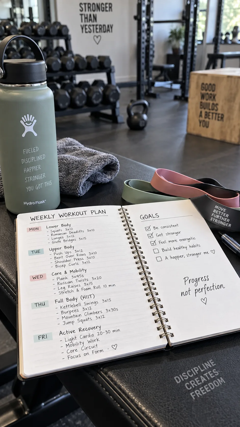 A workout plan notebook open on a gym bench next to a water bottle and resistance bands, workout schedule written in neat handwriting, gym background slightly blurred, lifestyle photography