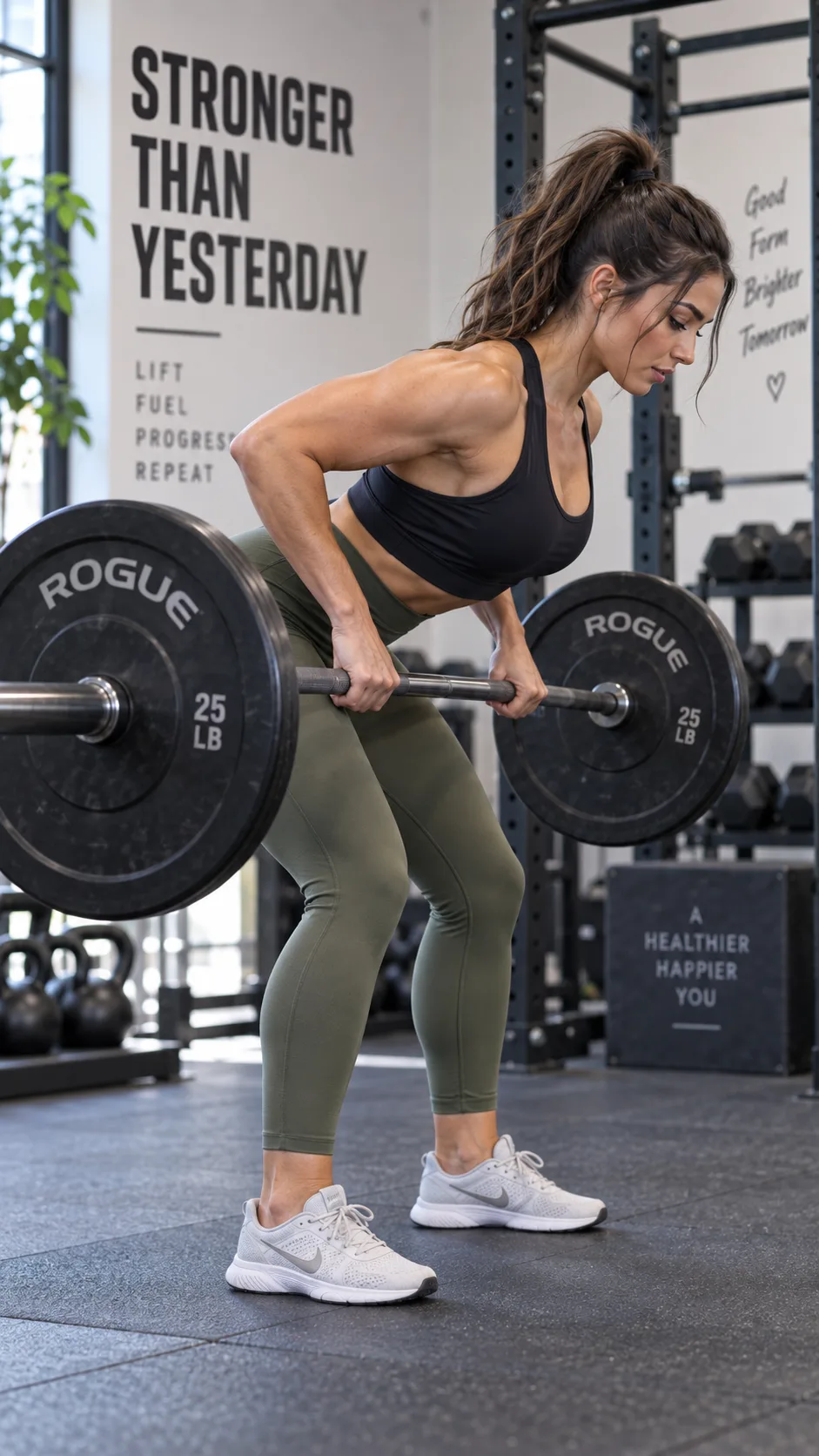 Woman performing a barbell bent-over row in a gym, proper form with flat back, hip hinge position, gripping barbell at lower ribcage level, side angle view, well-lit gym setting