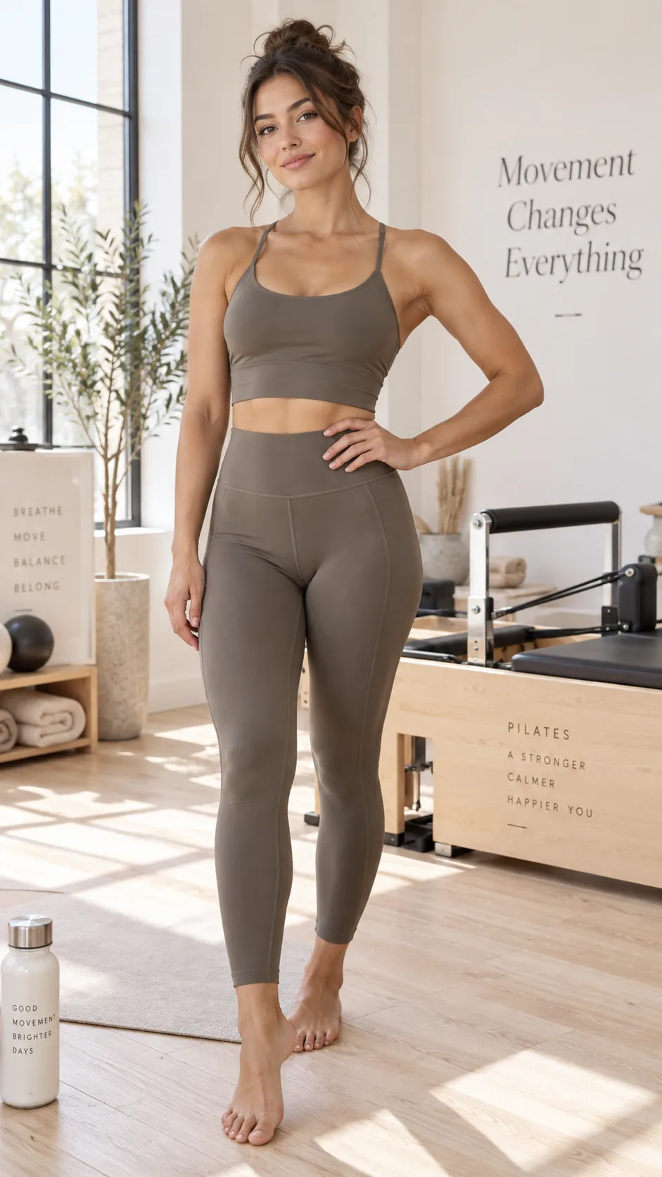 A woman standing confidently in a sleek, fitted Pilates outfit consisting of high-waisted leggings and a cropped tank top, in a bright minimalist Pilates studio with a reformer in the background, natural lighting, editorial style photography