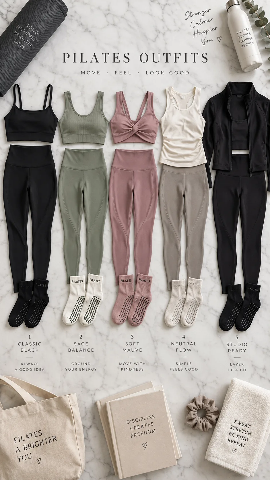 Flat lay photography of five different Pilates outfit combinations arranged neatly on a light marble surface, including leggings, sports bras, tank tops, grip socks, and a zip-up jacket, overhead shot with natural lighting, styled editorial aesthetic