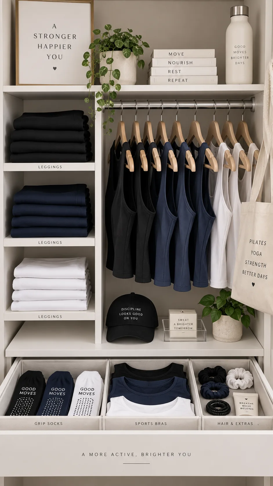 A neatly organized closet section showing a capsule activewear wardrobe with folded leggings, hanging tank tops, grip socks in a drawer organizer, all in coordinating neutral tones of black, navy, and white, clean minimalist aesthetic
