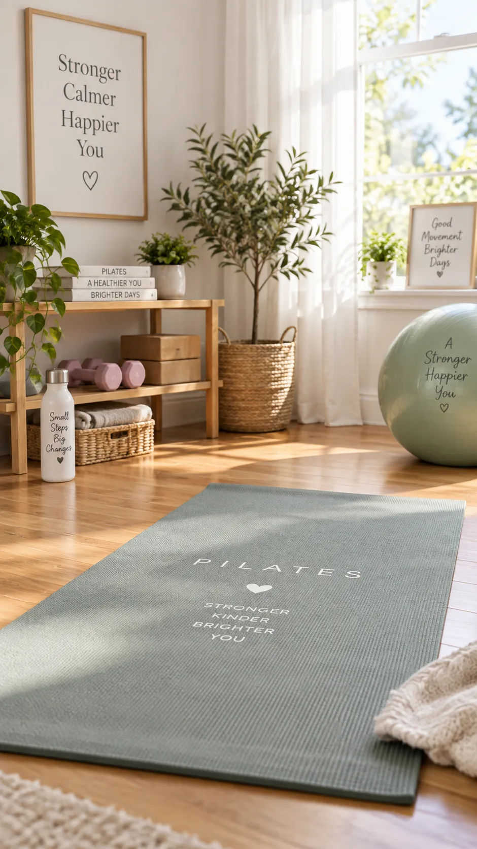 A bright, welcoming home workout space with a yoga mat rolled out on a hardwood floor, soft natural light from a window, minimal decor, beginner-friendly atmosphere for Pilates practice