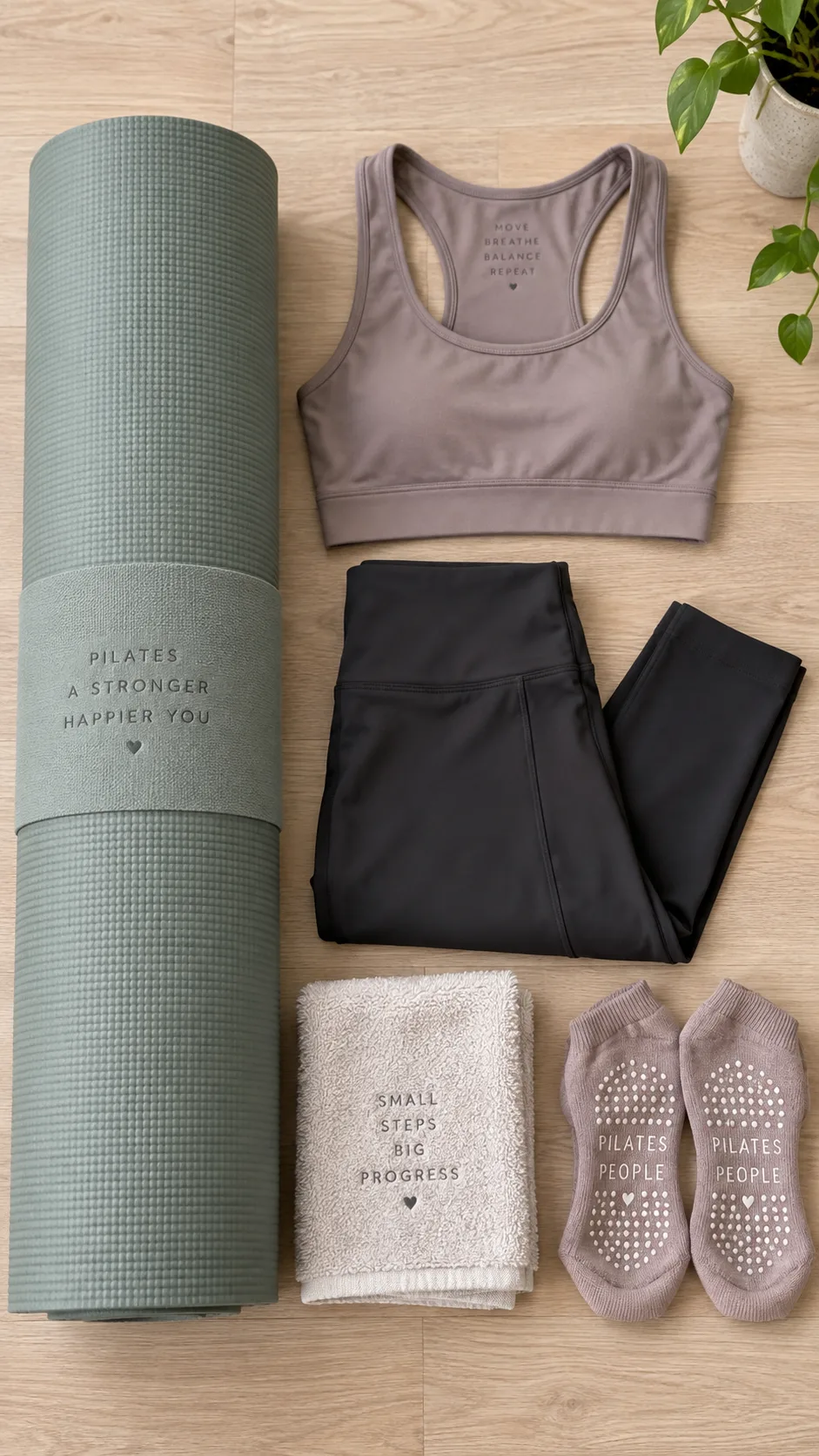 Flat lay photograph of minimal Pilates beginner equipment: a thick exercise mat, comfortable workout clothes, a small towel, and grippy socks arranged neatly on a light wooden floor