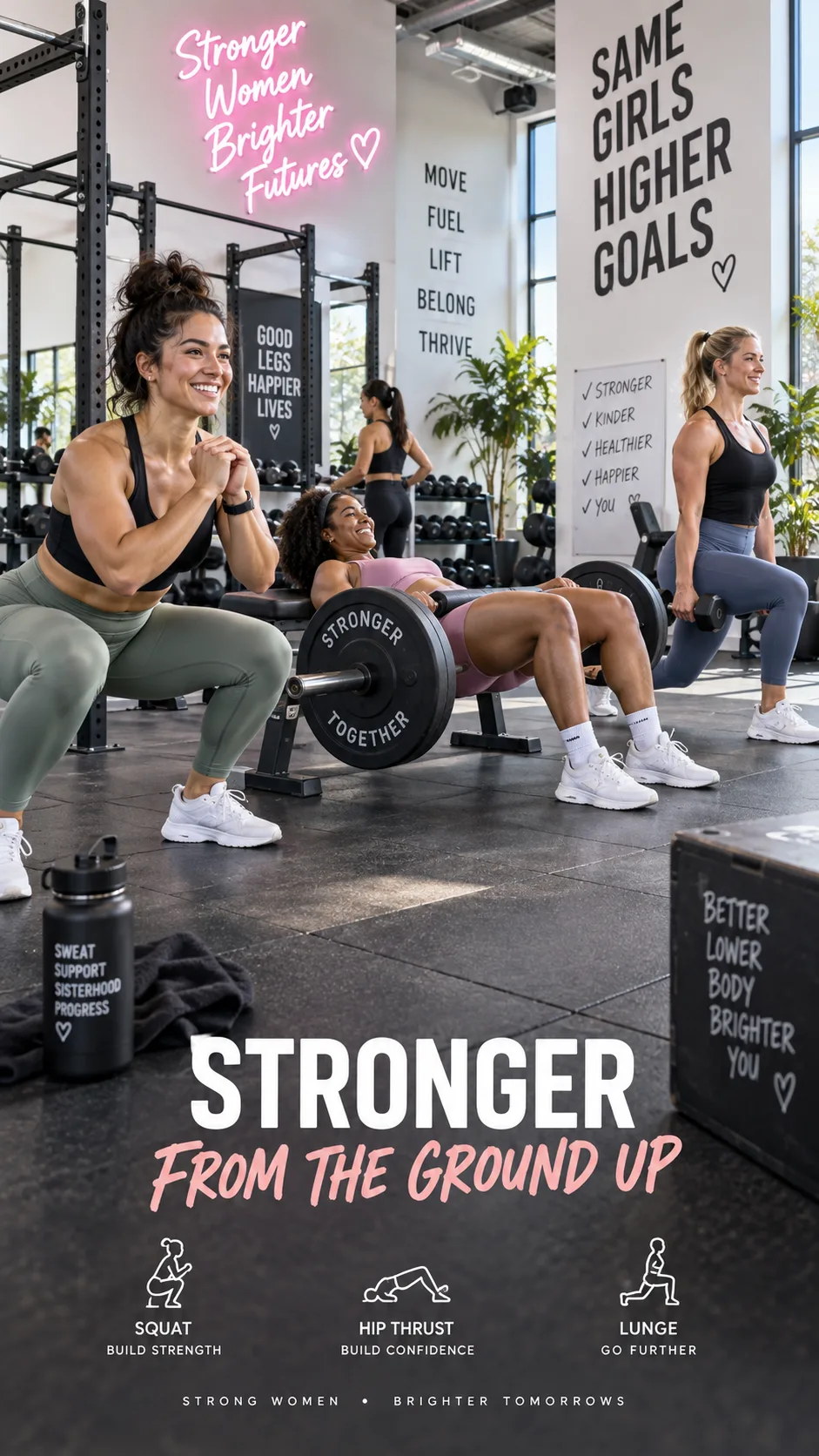 Diverse group of women in a bright gym performing different lower body exercises simultaneously - one squatting, one doing hip thrusts, one doing lunges, energetic and motivating atmosphere, wide angle shot
