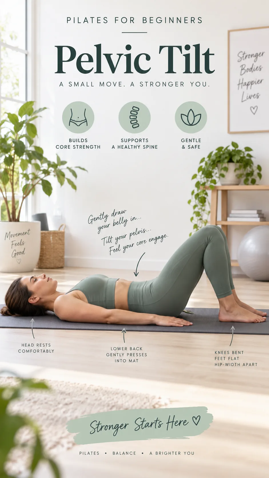 A woman performing a Pilates pelvic tilt exercise on a mat in a bright room, lying on her back with knees bent and feet flat on the floor, demonstrating proper beginner form