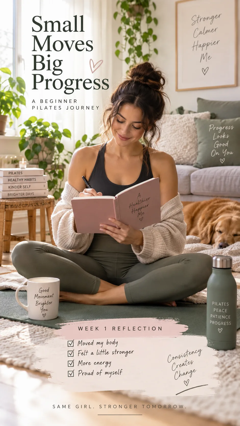 A relaxed woman sitting cross-legged on a yoga mat journaling about her fitness progress, cozy living room with plants and soft morning light, reflecting on a week of beginner Pilates
