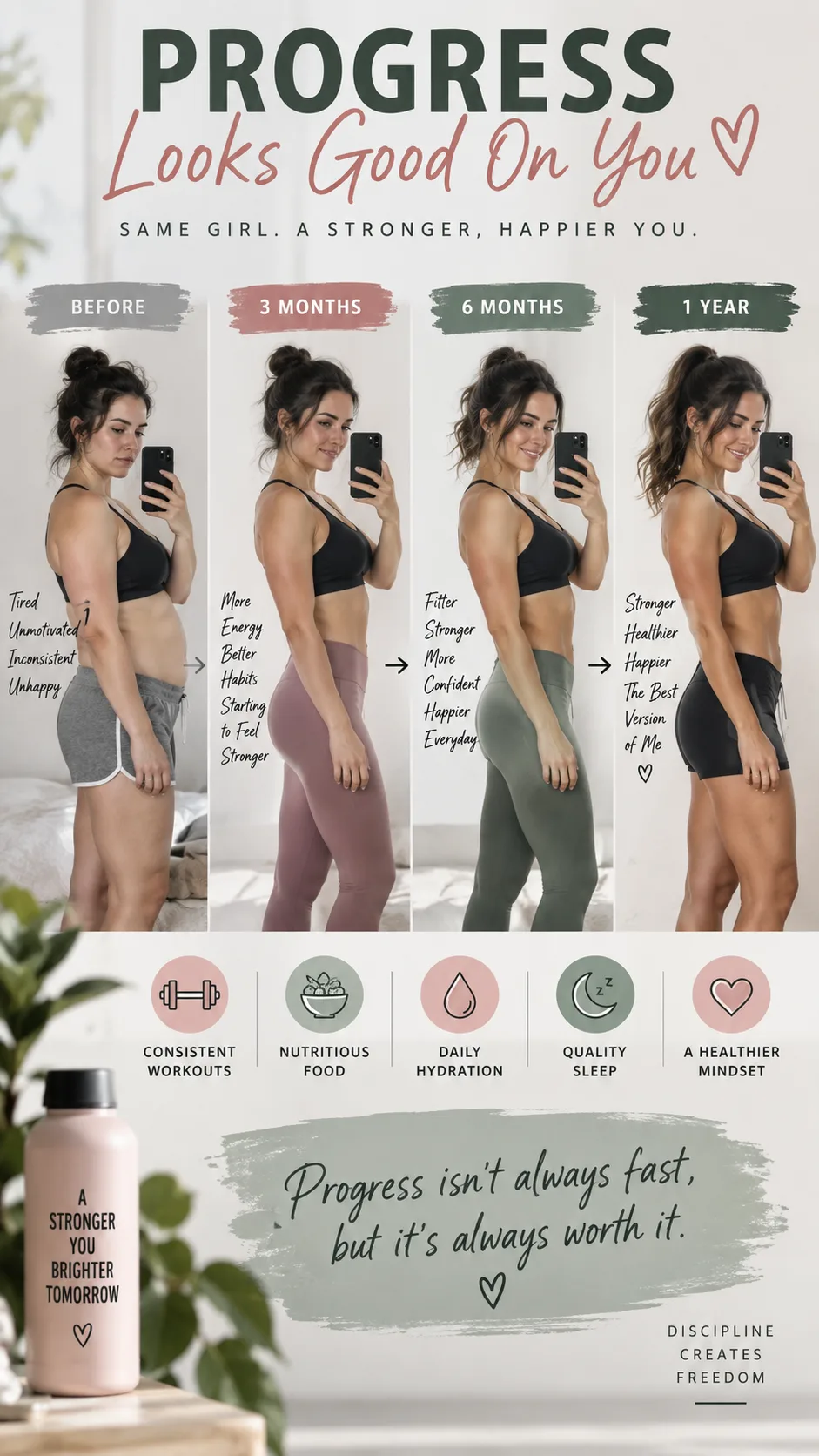 A fitness progress timeline infographic style photo showing a woman