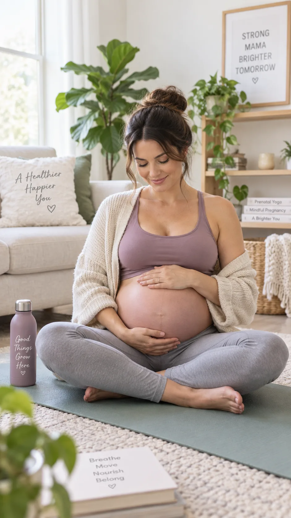 Pregnant woman sitting comfortably on a yoga mat in a bright, airy living room, hands resting gently on her belly, calm and relaxed expression, soft natural lighting, wellness lifestyle photography