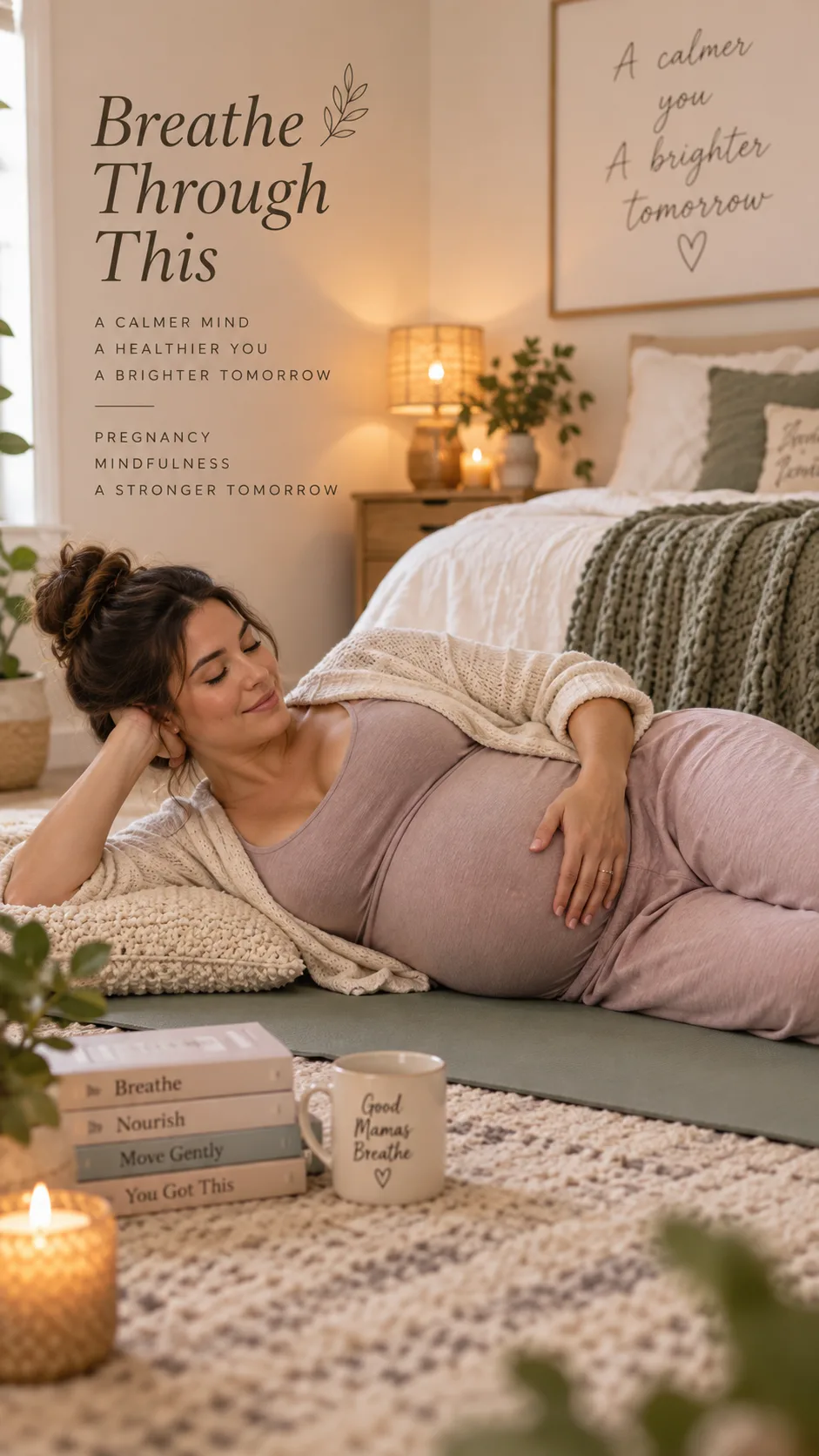 Pregnant woman practicing gentle breathing exercises on a yoga mat, side-lying position, serene bedroom setting, warm ambient lighting, mindfulness and wellness photography